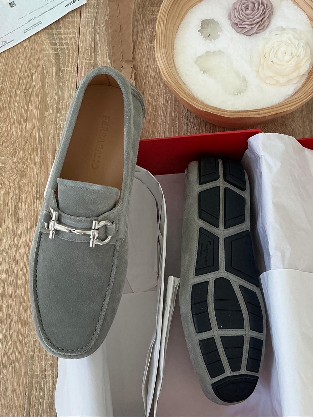 Salvatore Ferragamo Men’s Light Grey Suede Bit Loafers Driver (never worn)